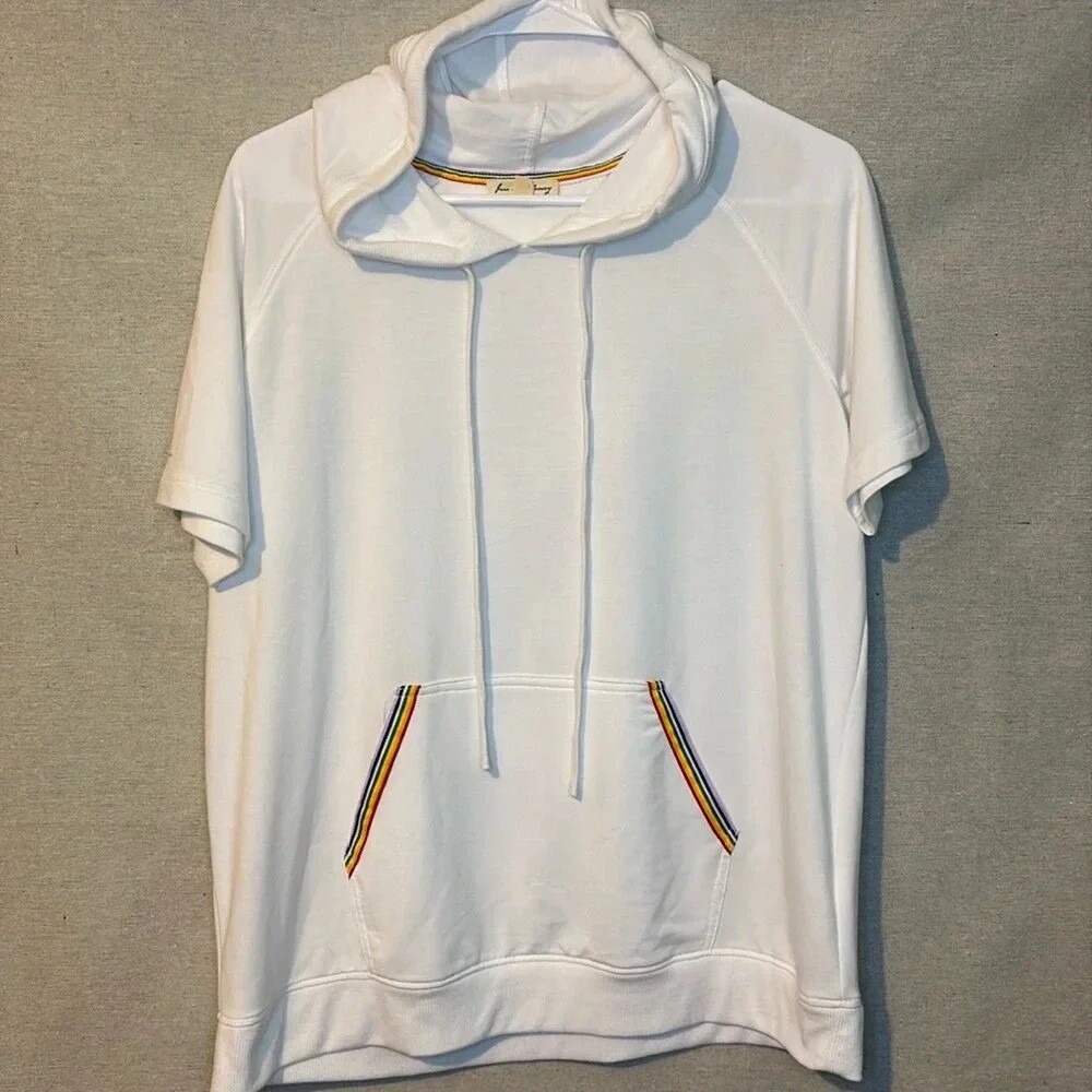 Jane and Delancey Rainbow Trimmed Short Sleeve‎ Hoodie White Size Medium